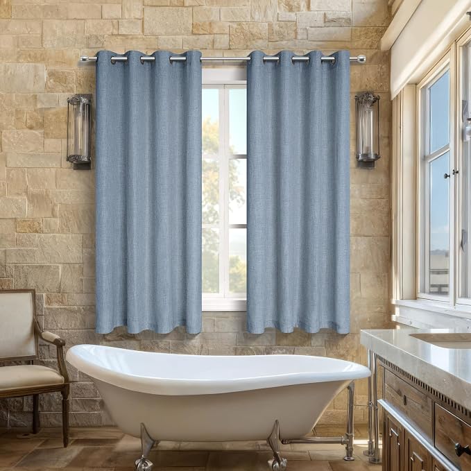 Pitalk Grey Blue Bathroom Window Curtains Short Sheer Unique Curtains for Kitchen Bedroom 45 Inch Length Dusty Blue