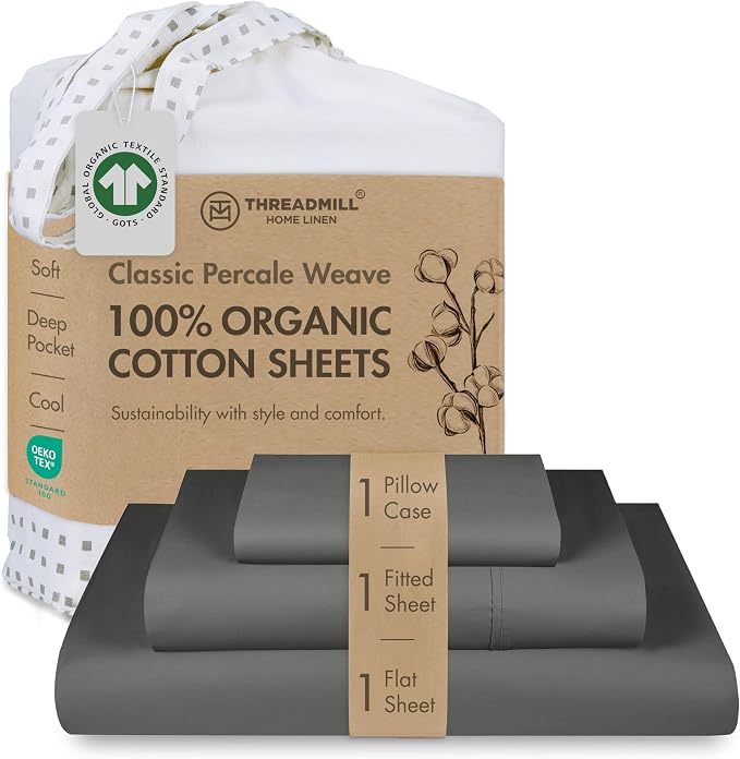 Threadmill Certified by GOTS Organic Cotton Sheets - Twin XL, 3 Piece, Dark Grey - Ultra Soft, Cooling and Breathable Bed Sheet Set - Lightweight and All-Round Elastic Deep Pocket