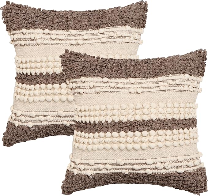 · REDEARTH · Boho Textured Throw Pillow Cases - Woven Tufted Decorative Farmhouse Cushion Covers Set for Couch - Sofa - Bed - Chair - Dining - Patio - Outdoor - 100% Cotton (18x18; Natural) Pack of 2