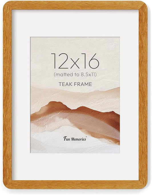 Fun Memories 12x16 Picture Frame - Solid Teak Wood 12x16 Poster Frame with Real Glass, 12 By 16 Picture Frame with Mat for 8.5x11, Horizontal or Vertical Wall Display, Natural Teak