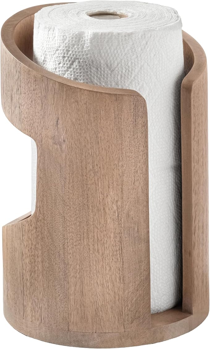 Anji Mountain Wooden Paper Towel Holder Countertop with Mango Wood Round Base and Iron Holder, Holder Stand for Kitchen Roll Organizer & Kitchen Dining Table Home Decor - Biscotti/Nickel, Arc Hold