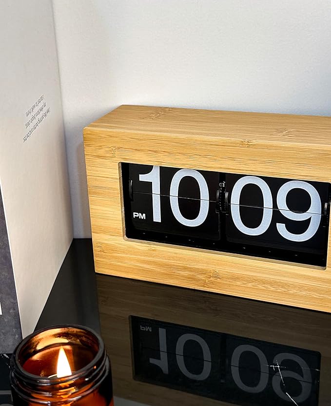 Bamboo Flip Clock,Retro Digital Flip Down Clock,Flip Desk Clock,Retro Vintage Design Auto Flip Clock Desk Clock Table Clock,Battery Operated Digital Display,Decorations(No battery included) (black)