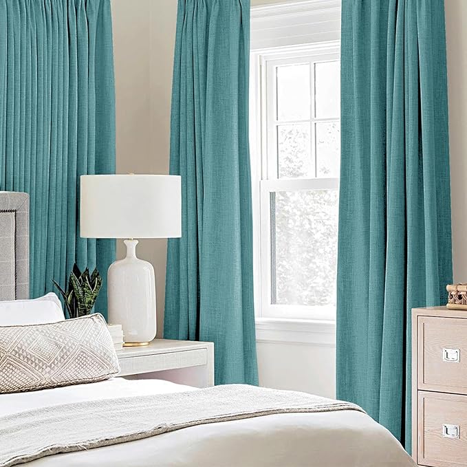 MIULEE 100% Blackout Linen Textured Curtains for Bedroom Solid Thermal Insulated Teal Grommet Room Darkening Curtains & Drapes Luxury Decor for Living Room 52 x 108 Inch (2 Panels)