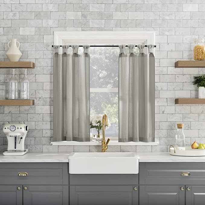 Archaeo Washed Cotton Small Window Twist Tab Cafe Curtains, 52" x 45", Silver Gray
