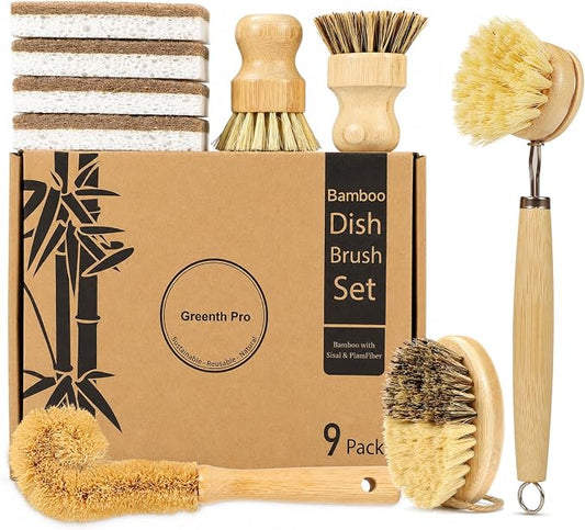 GREENTH PRO 9-Piece Bamboo Dish Brush Set with Natural Coconut Sponges | Dish Brush,Coconut Bottle Brush,Natural Kitchen Cleaning Set