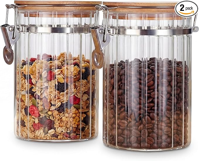 Glass Storage Jars with Bamboo Lids, Set of 2 – 34oz Airtight Borosilicate Canisters for Pantry Organization, Coffee, Flour, Sugar & Pasta – BPA-Free, Ribbed Design
