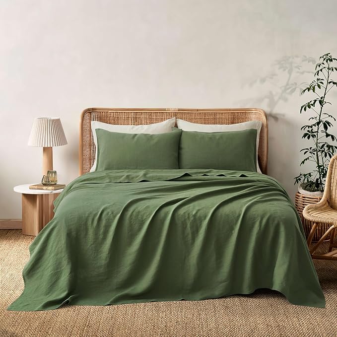 ATLINIA 100% Pure Flax Linen Bedding Set - Stone Washed French Linen Fabric Deep Pocket Fitted Sheet Farmhouse Flat Sheet 2 Pillowcases (Green, Full)