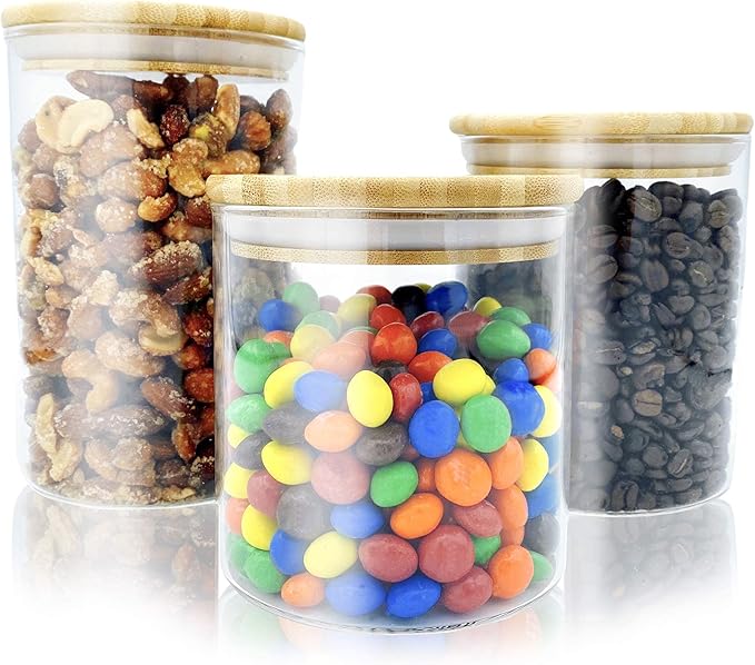 Bambooware Glass Storage Containers with Lids | Kitchen Organization | Pantry Organization - Set of 3 Canisters - Airtight Glass Jars Wooden Lid for Sugar, Flour, Candy, Cookies, Rice, Pasta
