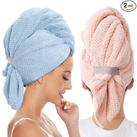 2 Pack Large Microfiber Hair Towel Wrap for Women, Anti Frizz Hair Drying Towels, Fast Dry Hair Turban - for Wet, Long, Thick, Curly Hair - Super Absorbent Soft Towels (Blue & Pink)