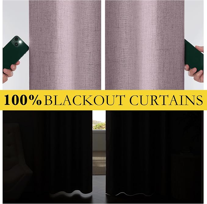 NICETOWN Chaise Mauve Vintage Linen 100% Blackout Curtains for Living Room, 52" Wide Per Panel, Set of 2, Thermal Insulated Curtains 90" Long, Noise Reducing Window Treatment Drapes for Home Cinema