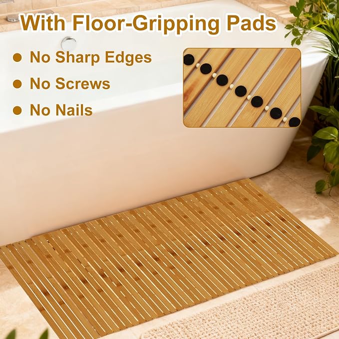 YAYODS Bamboo Bath Mat, 47x16 Inch Non Slip Waterproof Bamboo Shower Mat Wooden Bathroom Mat for Floor, Bathtub, Sauna Spa, Pool