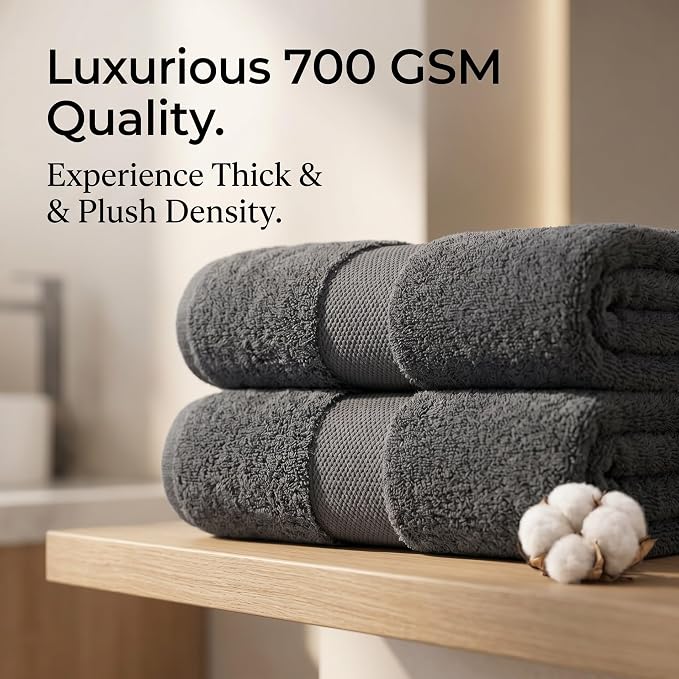 Maisonette Elegance 100% Organic Cotton Turkish Bath Towels, Soft & Absorbent, Ideal Quick Dry Large Luxury Bathroom Towel Set for Shower (30" x 58", 2 Pack) - Dark Grey (Stone)
