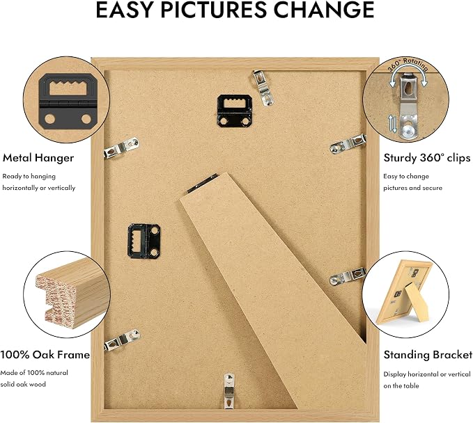 Hongkee 8.5x11 Oak Wood Picture Frame 1 Pack(Matted 6x8), Real Glass Cover | Natural, 8.5 x 11 Solid Wood Frame for Wall or Tabletop Display - Includes Easel Back, Vertical Hang - Ideal for Home,Office