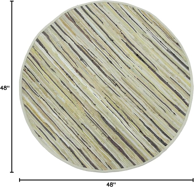 Cotton Hand Woven Chindi Area Rug 4 Feet Round - Beige, Reversible Circle Green Dinning Space Floor Rugs Ideal for Bedroom, Living Room, Kitchen | Linen Farmhouse Recycled Patio Mats for Balcony Décor