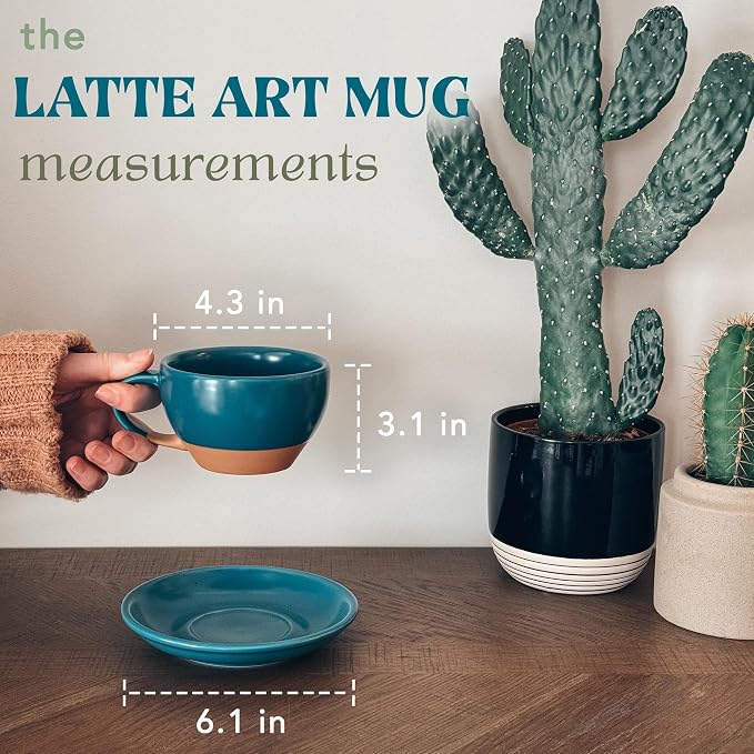 MORA Ceramic Latte Art Mug With Saucer - 10.5 oz, Round Bottom For Perfect Pours - Cafe Cups for Cappuccino, Espresso, Coffee, Tea etc - Porcelain Set for Baristas, Great Gift - Azure Blue