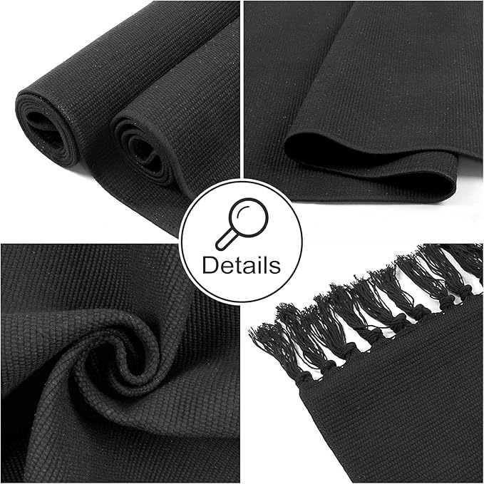 Seavish Black Kitchen Rug Set, 2x3+2x4.3 Boho Cotton Woven Area Rug, Washable Throw Rug Set, Farmhouse Floor Mat for Laundry Room Bedroom Bathroom Restroom Doorway Patio Porch