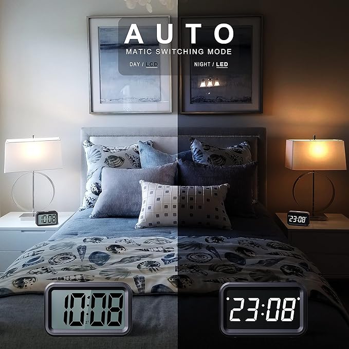 Alarm Clock Battery Operated with Hybrid 1.2'' LED / 1.8'' LCD Display, Auto Night Visible, Small Cordless Digital Clock for Bedroom Wall Desk Travel (White-Display)