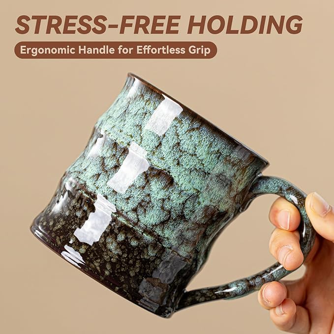 Unique Reactive Glaze Ceramic Coffee Mug - 15 oz Large Coffee Cup with Ergonomic Large Handle, Forest Green Ceramic Mug for Office & Home, Great Birthday Gift for Women, Men & Friends