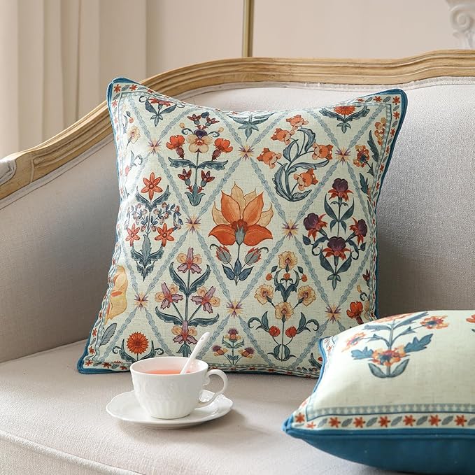 ISAENNE Design Square Linen Throw Pillow Covers 18"x18" Pack of 2, Blue Floral Country Cushion Covers with Colorful Wildflower Pattern Decor Pillowcases for Bed,Living Room,Outdoor,Car