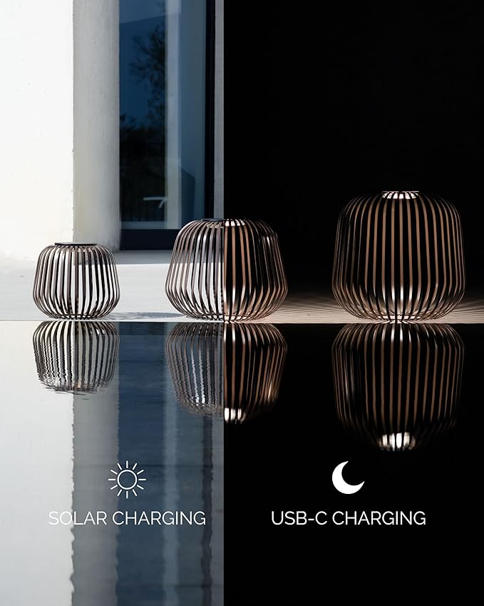 LUUK Studio Solis Wireless Solar LED Ambient Table Light, Warm White, 3 Dimmable Levels, Indoor & Outdoor, Solar & USB-C Rechargeable, Living Room, Bedside, Organic Contemporary, Walnut Brown, Size M