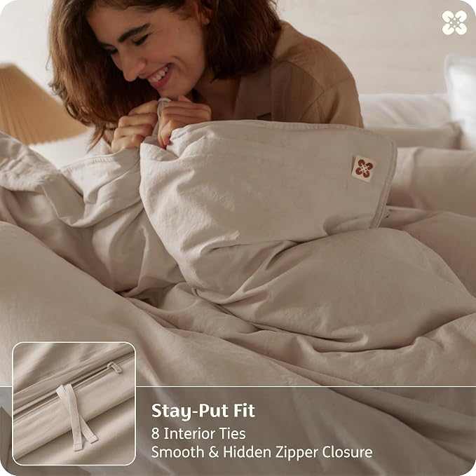 Bedsure GOTS Organic Cotton Queen Duvet Cover Set, Taupe, 90" x 90" | for Sensitive Skin—8 Interior Ties Keep Insert Secure, Hidden Zipper, Breathable Comfort in Ivory with 2 Pillow Shams