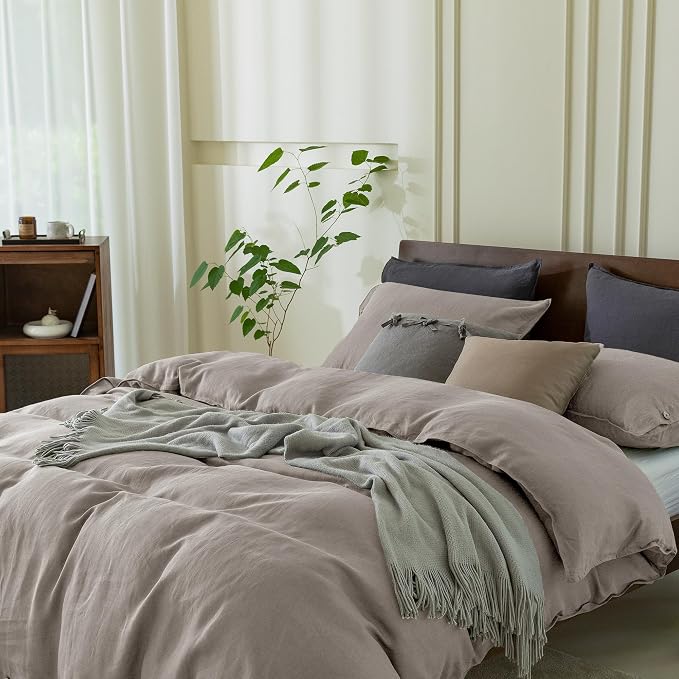 EVERLY 100% Pure Linen Duvet Cover Set Queen Size90X90Inch 3pcs (1 Duvet Cover,2 Pillowcases) Soft and Breathable for All Season with Coconut Button Closure, Suitable for Hot Sleepers-Natural Linen
