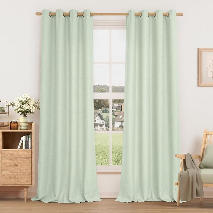 LAMIT Light Green Linen Curtains for Living Room 84 inch Length 2 Panels, Linen Blended Thermal Insulated Curtains Privacy Grommet Window Drapes for Bedroom, Set of 2 Panels, 52 x 84 Inch