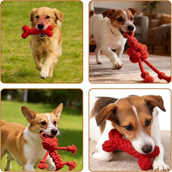 3 Pack Cotton Rope Dog Toy Set, Indestructible Chew Toys for Aggressive Chewers, Puppy Teething Toys with Bone, Human & Chinese Knot Designs for Boredom Relief & Tug of War， Red