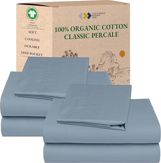 California Design Den Pack of 2 Twin Bed Sheets Set - 100% Organic Cotton, Crisp Percale, Deep Pocket Twin Sheet Set, Lightweight Bedding Set - Blue Hydrangea