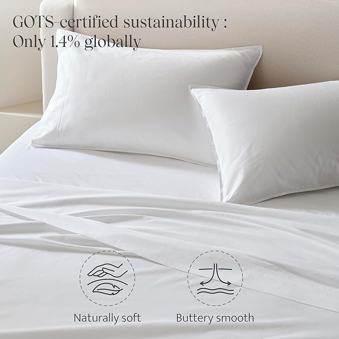 Double Stitch 100% Organic Cotton Sheets, King Size Sheets Set, GOTS Certified Long Staple Cotton Bedsheets, Luxury & Soft Hotel Bed Sheets with 16 inches Deep Pocket, Made in India Pure White
