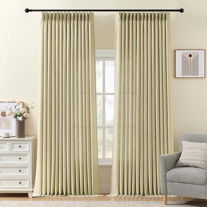 108 Inch Linen Curtains for Living Room, Pinch Pleated Curtain Semi Sheer Light Filtering Memory Trained Modern Window Drapes with Hooks Rings for Bedroom Dining Room, 40W, Grey Beige, 2 Panels