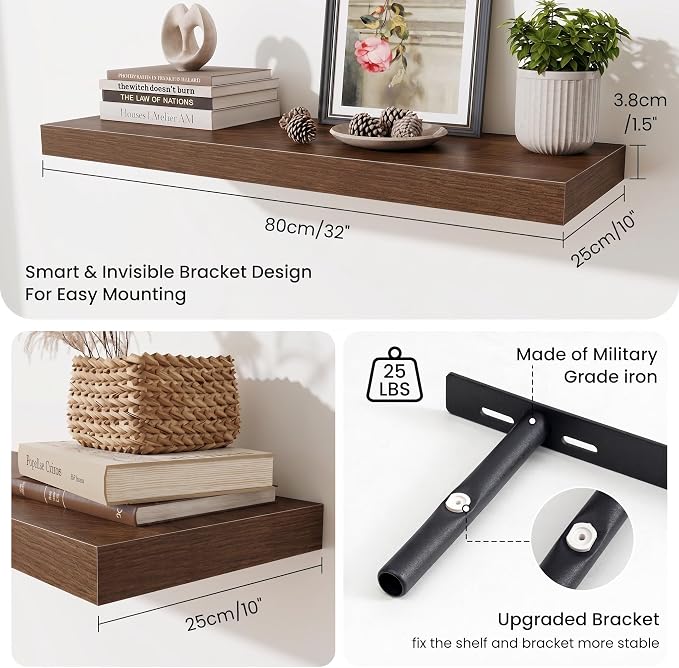 Fun Memories Floating Shelves for Wall, 32 Inch Long Floating Shelves Set of 3, 32 x 10 Wooden Shelves for Wall, Large Storage Shelves, Hanging Shelves for Bathroom Kitchen Bedroom, Walnut