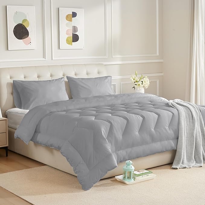 California King Size Duvet Insert 100% Cotton Shell Down Alternative Comforter Dark Gray Quilted Fluffy Duvet Insert Lightweight All Season with 8 Corner Tabs Breathable Soft