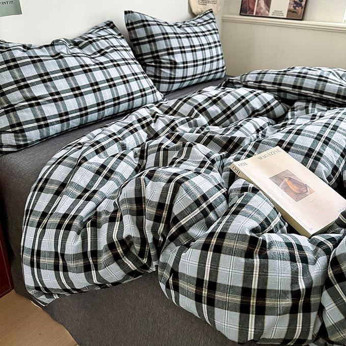 mixinni Vintage Grey & Pale Blue Buffalo Plaid Duvet Cover Set Twin XL Size - 3 Piece Washed Cotton Bedding Set with Grid Pattern, Soft & Breathable Duvet Cover with Pillowcases for Boys, Men& Women