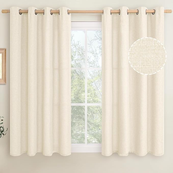 LAMIT Light Beige Linen Textured Curtains for Bedroom, Grommet Thermal Insulated Thick Burlap Natural Curtains Noise Reducing Window Treatment Drapes for Nursery/Kitchen, Set of 2 Panels, W52 x L54