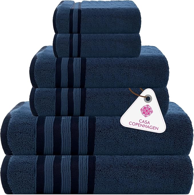 CASA COPENHAGEN Zero Twist 6Pcs 100% Egyptian Cotton Large Designer Towels Gift Set- Navy Blue, 600 GSM, 2Bath 2Hand 2Washcloths, Bath Towels for Bathroom Set for Women & Men