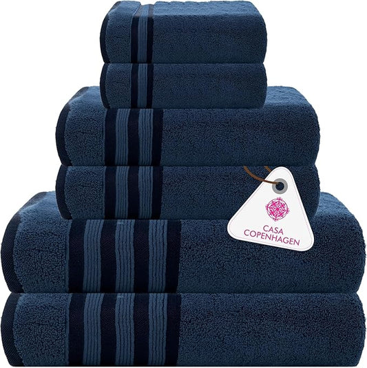 CASA COPENHAGEN Zero Twist 6Pcs 100% Egyptian Cotton Large Designer Towels Gift Set- Navy Blue, 600 GSM, 2Bath 2Hand 2Washcloths, Bath Towels for Bathroom Set for Women & Men