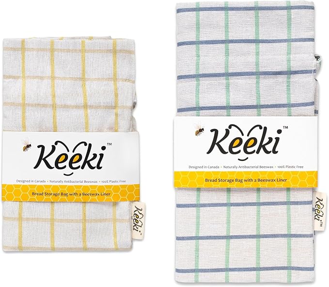 Keeki Reusable Beeswax Lined Bread Bag Bundle – 2-Pack Set Includes Standard Yellow Bag & Extra Long Blue Baguette Bag – Food Storage for Sourdough, Boules & Long Loaves