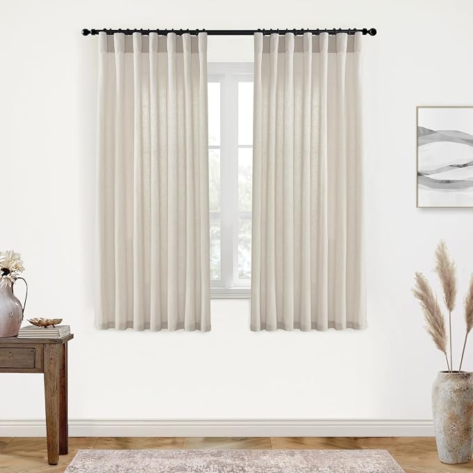XTMYI Oatmeal Beige Back Tab/Hook Belt Linen Cotton Sheer Curtains 63 Inch Length for Bedroom Living Room