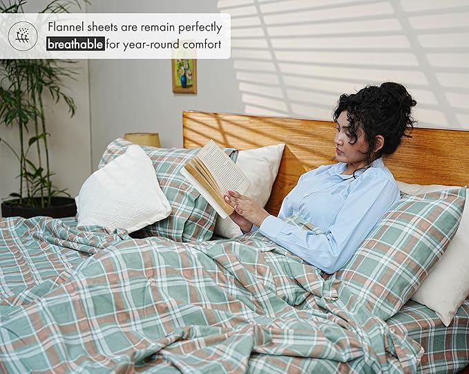 RUVANTI Flannel Sheets Full Size - GOTS Certified 100% Organic Cotton, 4 Piece Warm, Soft & Breathable Set, Deep Pocket Snug Fit, Double Brushed Cozy All Season Bedding, Spruce Blue