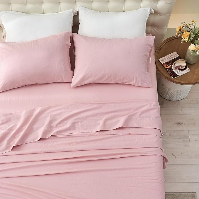 BISELINA Linen Sheet French Flax Flat Sheet Only 55% Euro Linen 45% Cotton Basic Style Solid Color Soft Breathable Farmhouse Top Sheet 1-Piece (King, Pale Pink)