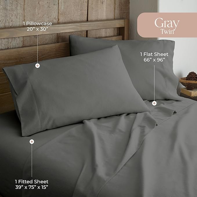 Whisper Organics - GOTS Certified 100% Organic Cotton Flannel Sheet Set - 170 Gram Thick, Brushed for Extra Soft and Cozy Sheets (Dark Grey, Twin)