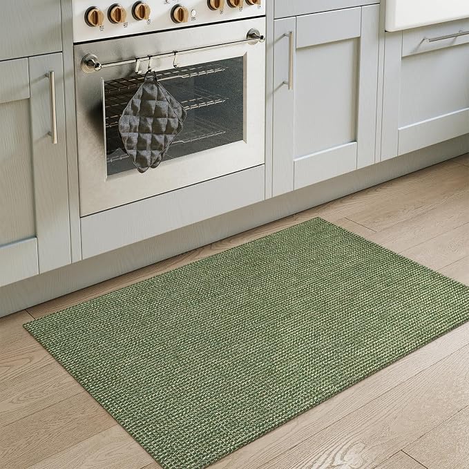 Uphome Boho Bathroom Rugs, 2x3 Washable Small Area Rug for Entryway Indoor, Farmhouse Rubber Backing Braided Cotton Throw Rugs Low Pile, Indoor Green Front Door Mat for Porch Kitchen Bedroom Entrance