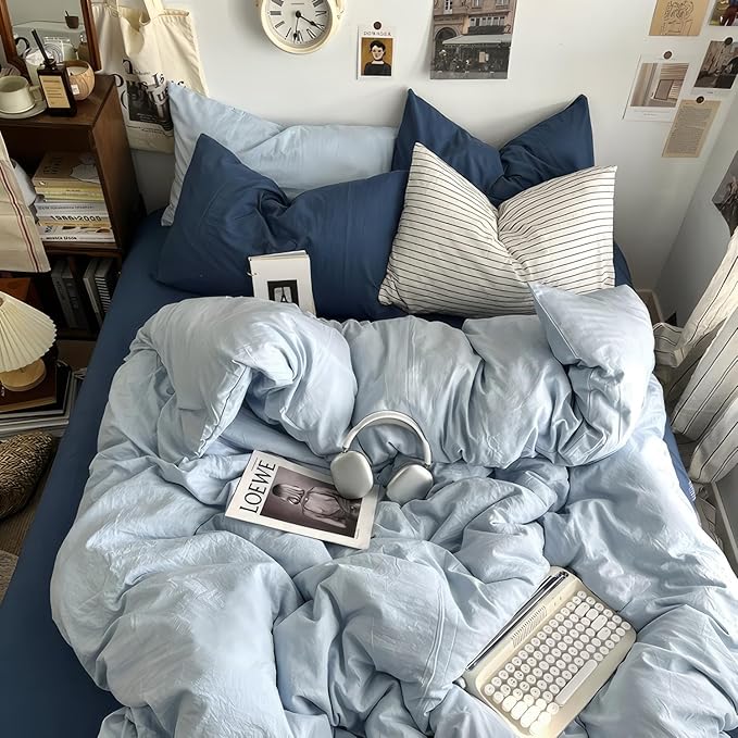 mixinni 100% Washed Cotton Duvet Cover Set King Size, Solid Light Blue Ocean Themed Chic Bedding, Soft Breathable Minimalist Comforter Cover with Zipper Closure & Corner Ties-King Size