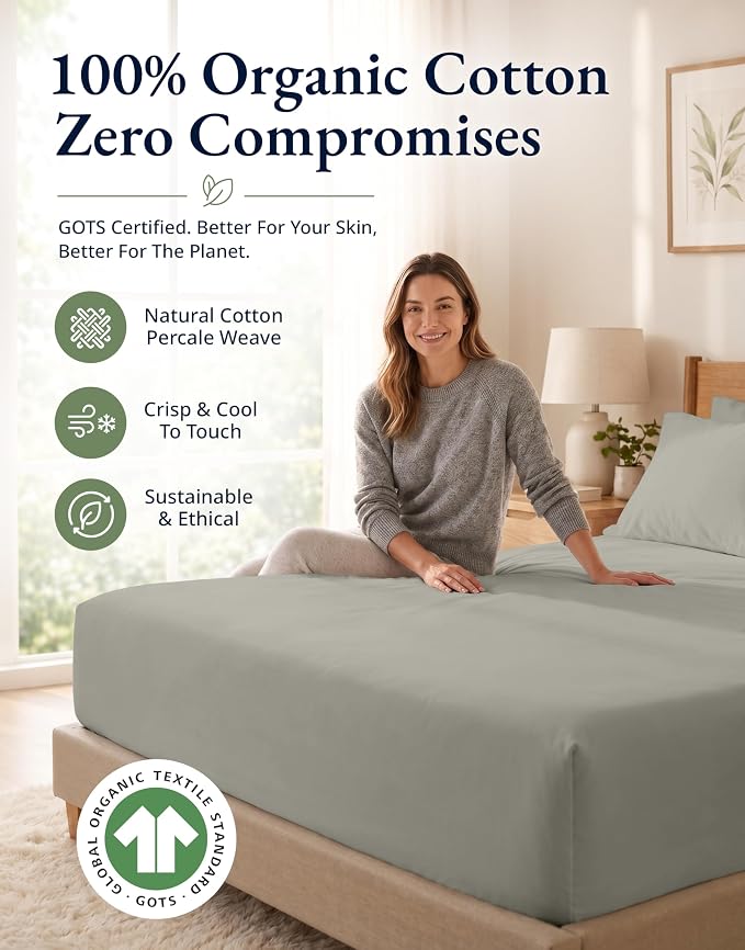LANE LINEN Full Fitted Sheet & Pillowcases (No Flat Sheet) - 100% Organic Cotton Soft & Breathable Percale Weave Fitted Sheet Set - GOTS Certified - 15 ''Deep Pocket For Snug Fit - Silver