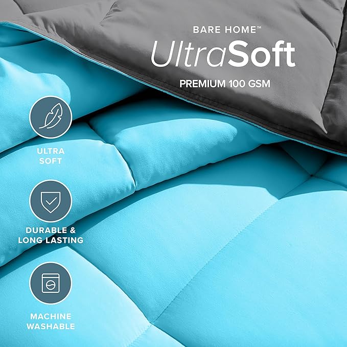 Bare Home Twin/Twin Extra Long Comforter - Reversible Colors - Goose Down Alternative - Ultra-Soft - Premium 1800 Series - All Season Warmth - Bedding Comforter (Twin/Twin XL, Grey/Aqua)