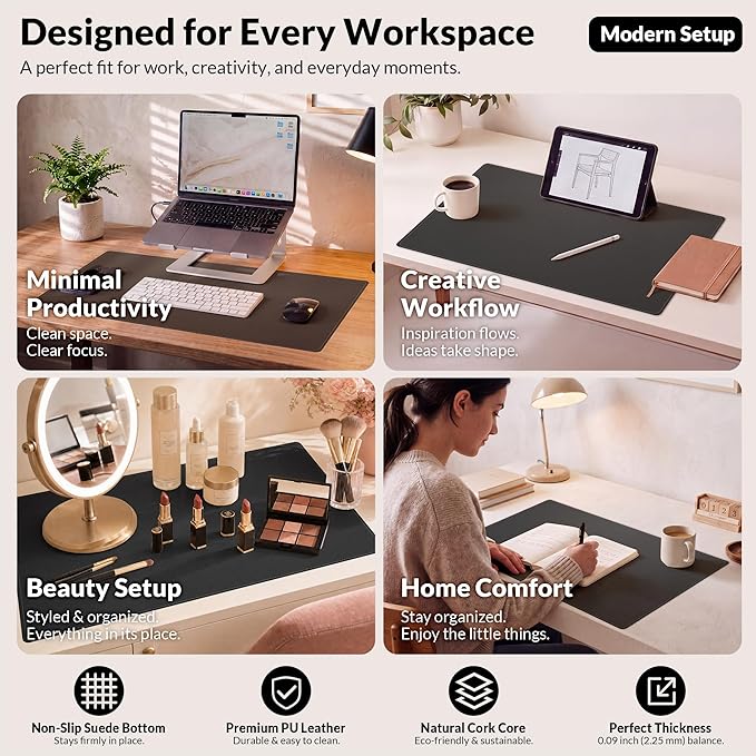 AFIING Cork Desk Mat 31.5" x 17", Waterproof Dual-Sided Cork & PU Leather Desk Pad, Non-Slip Desk Protector for Home Office, Workspace Setup & Gaming, Black