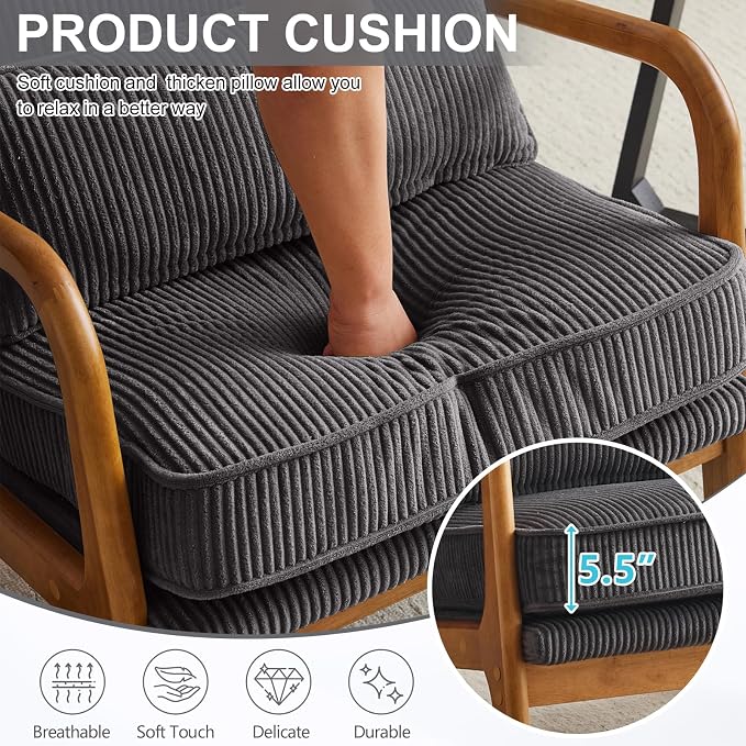 Karl home Mid-Century Modern Accent Reading Chair, Dark Grey | Corduroy Upholstered, Solid Wood Frame, Soft Cushion, Lumbar Pillow, Lounge Armchair for Living Room, Bedroom, Balcony, Study