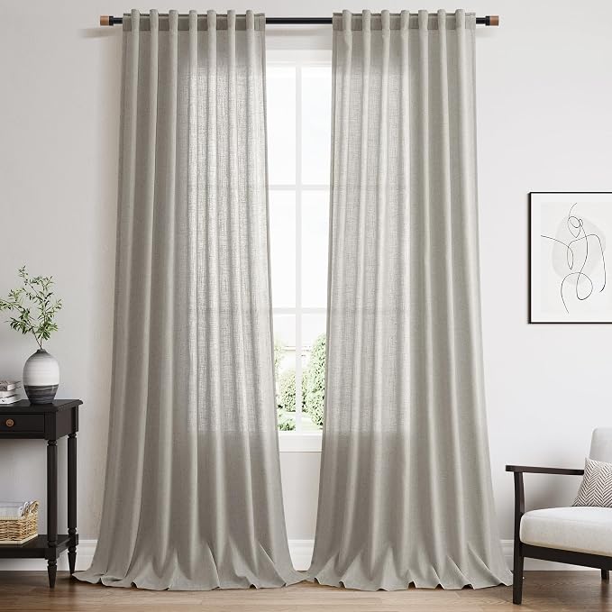 Silver Grey Linen Curtains 102 Inches for Living Room Bedroom Extra Long Back Tab Curtain Neutral Farmhouse Light Filtering Semi Sheer Ceiling to Floor for Large Window Office 2 Panels