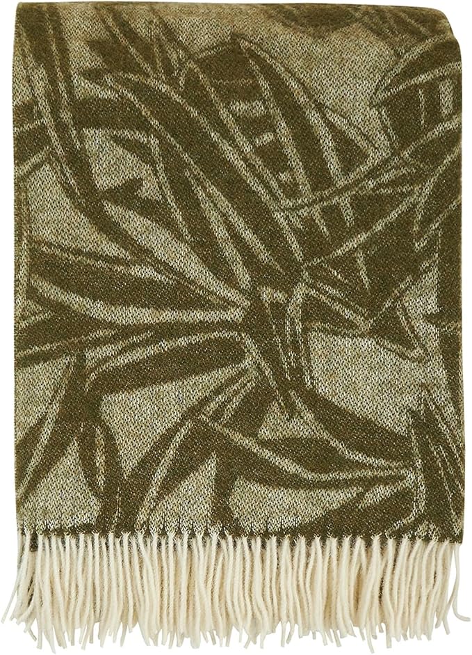 | Wool Blanket/Throw | 100% New Zealand Wool | Perfect for Home and Outdoors | Virgin Wool Blanket with Fringes 55"x79" (140 x 200 cm) (Olive Leaves)